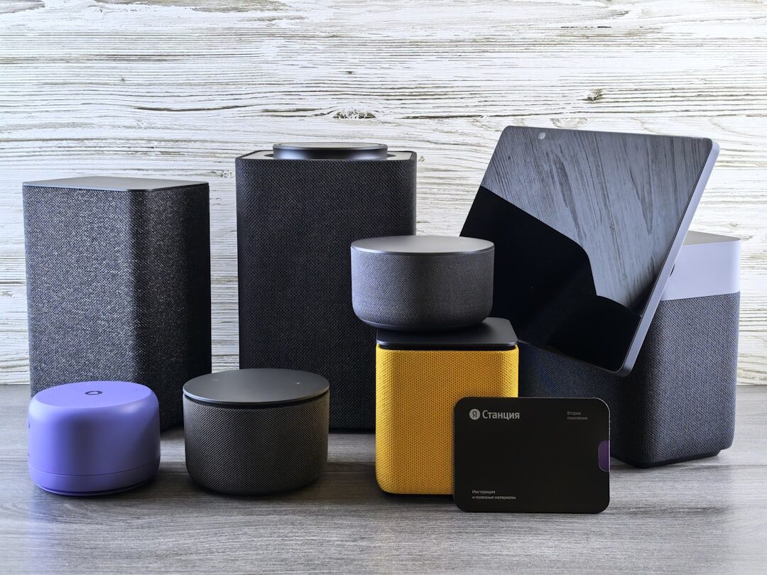 Collection of smart IoT devices including smart speaker, thermostat and sensors